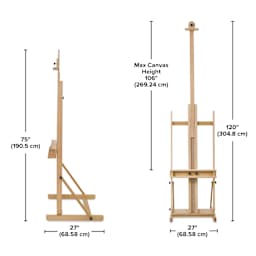 Minimum height 75” (190.5 cm). Maximum height 120” (304.8). Length 27” (68.58 cm). Depth 27” (68.58 cm). Holds maximum canvas height 106” (269.24 cm)
