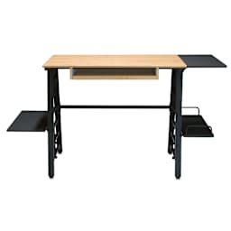 Studio Designs Ashwood Convertible Desk - Front view of desk showing shelves and keyboard storage
