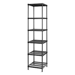 Design Ideas MeshWorks Shelving Units - Slightly angled view of narrow 6 shelf black unit 