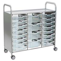 Gratnells Callero Plus Cart - Angled view of cart with 16 shallow clear trays and 4 deep clear trays
