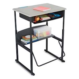 Safco AlphaBetter Stand-Up Desks- Accessorized desk showing Beige Top with Book Box Storage below