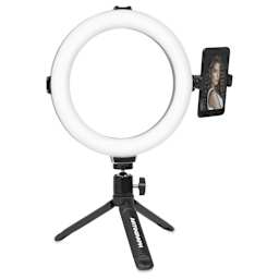 Artograph Mini Ring Light with Desk Stand - 8" Diameter, front view of assembled stand and attached holder.