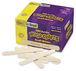 Jumbo Craft Sticks - Front of 500 Natural Craft Stick package shown with assorted sticks in front