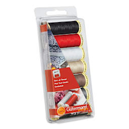 Gutermann Sew-All Polyester Thread - Set of 7, Basic Shades, 110 yd Spools front of packaging