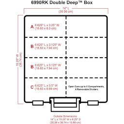 The box measures 14 inches long, 15¼ inches wide, and 6¼ inches deep, with compartments measuring 6⅝ by 3¼ inches (A), 6⅝ by 3⅛ inches (each B), and 6⅝ by 3½ inches (C).