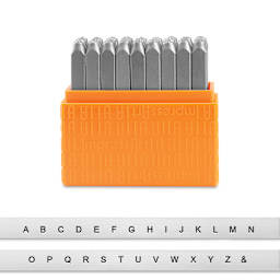 ImpressArt Letter and Number Stamp Sets - Front view of open Uppercase San Serif font set with type