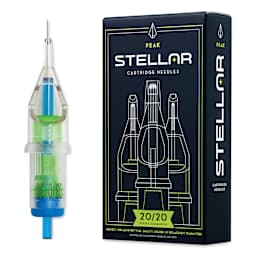 Peak Stellar Round Shader Extra Long Taper Tattoo Needle Cartridges - #10, 3 Needles, Pkg of 20, needle and packaging