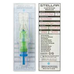 Peak Stellar Round Shader Extra Long Taper Tattoo Needle Cartridges - #10, 5 Needles, Pkg of 20, front and back of packaging