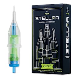 Peak Stellar Round Shader Extra Long Taper Tattoo Needle Cartridges - #10, 5 Needles, Pkg of 20, needle and packaging