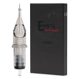 TatSoul Envy Standard Round Liner Long Taper Tattoo Needle Cartridge - #12, 5 Needles, Pkg of 10, front and back of individual packaging