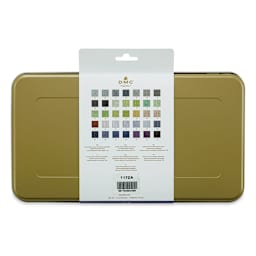 DMC Mouliné Special Collector’s Matte Gold Tin Embroidery Floss - Set of 35, New Colors (Back of tin)