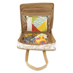 Dritz All-Purpose Project Organizer Bag - Beige Floral - open and holding materials (not included)