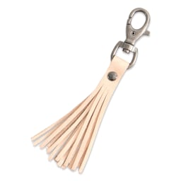 Dritz Double-Cap Rivets & Tools Set, one rivet inserted in leather decoration attached to carabiner
