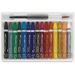 Faber-Castell Watercolor Crayons - Set of 15 crayons shown open in tray with paintbrush