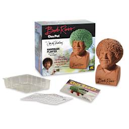 Chia Pet Bob Ross - components of set shown adjacent to package