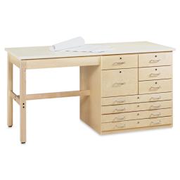Diversified Spaces Planning and Layout Bench - Angled view showing desk area and varied file drawers
