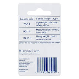 Brother Universal Sewing Machine Needles - Set of 5, Assorted Sizes back of packaging