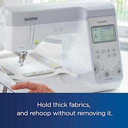 Hold thick fabrics, and rehoop without removing it.