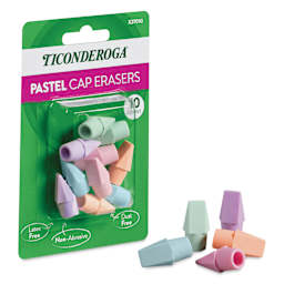 Dixon Ticonderoga Pencil Cap Erasers - Set of 10, Pastel Colors, angled view of packaing and erasers