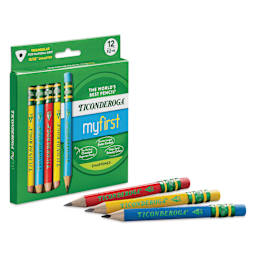 Dixon Ticonderoga My First Short Pencils - Set of 12, Red Yellow Blue, packaging with pencils