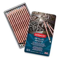 Derwent Professional Metallic Colored Pencils - Top view of 12 Assorted Colors shown in open storage tin