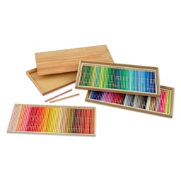 Holbein Artists’ Colored Pencil 30th Anniversary Wood Box Set, trays laid out
