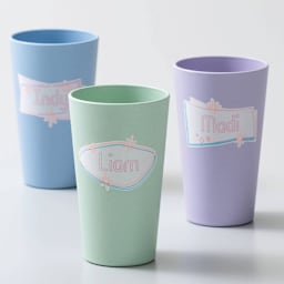 Cricut Joy Smart Label Dissolvable Paper, three cups with labels