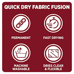 Quick dry fabric fusion: permanent, fast drying, machine washable, dries clear and flexible