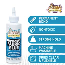 Permanent bond, nontoxic, strong hold, machine washable, dries clear and flexible.