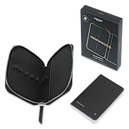 Endless Companion 5 Pen Pouch - Black, open pen case and notebook next to packaging