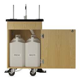 Diversified Spaces Mobile Hand Wash Station - Dual Foot Pump, Oak, 24"W x 24"D x 36"H (Door open, Water tanks shown)