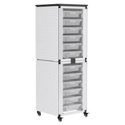 Modular Storage Cabinet, pegboard side of the 2 stacked module with 12 small bins.