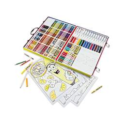 Crayola Limited Edition 115-Piece Art Set open box with contents showing beside coloring page of crayon
