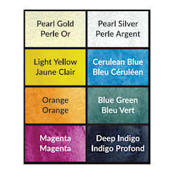 Pearl Gold, Pearl Silver, Light Yellow, Cerulean, Blue, Orange, Blue Green, Magenta, Deep Indigo.