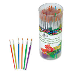 Royal & Langnickel Economy Golden Taklon Brushes - Round, Canister of 144, brushes laid out