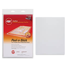 GBC Peel ‘N Stick Thermal Laminating Pouches - 9" x 11-1/2", Pkg of 25, packaging and contents