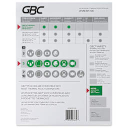 GBC Thermal Laminating Pouches - Pkg of 100, 5 ml, 9" x 11.5" back of packaging
