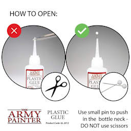 The Army Painter Plastic Glue. How to open. Use small pin to push back in the bottle neck. Do not use scissors. Product Code GL2012
