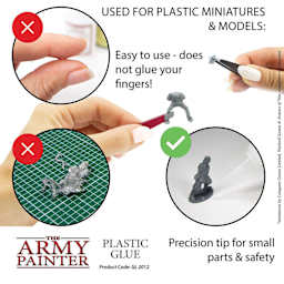 The Army Painter Plastic Glue. used for plastic miniatures and models. Easy to use - does not glue your fingers.. Precision tip for small parts and safety. Miniatures by Conquest Games Limited, Warlord Games and Avatars of War. Not included. Code GL2012