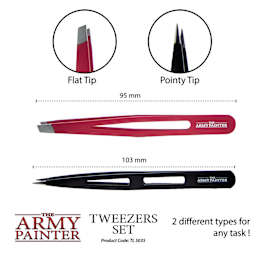 The Army Painter Miniature & Model Tweezers Set. Flat Tip. Pointy Tip. Flat tip has a total length of 95mm. Pointy Tip has a total length of 103 mm. 2 different types for any task! Product Code TL5035
