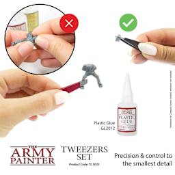 The Army Painter Miniature & Model Tweezers Set. Precision and control to the smallest detail. Don't use your fingers, use the tweezers. Also shows Plastic Glue, not included, GL2012  Tweezer product code: TL5035