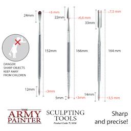 Army Painter Sculpting Tools Set.Sharp Precise!Danger!Sharp Objects.Keep Away From Children.Tool 1. 24 x 6mm and 12 x 3mm tips, 152 mm long.Tool 2 22 x 6.6mm and 5 x 3mm tips, 166mm long.Tool 3 33 x 7.5mm and 14 x 3.5mm tips, 164 mm long.Code: TL5036