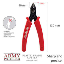 Danger! Sharp objects keep away from children. 10 mm head length. 3 mm head width. 130 mm total length. Sharp and precise! The Army Painter Plastic Frame Cutter Product code tl5039