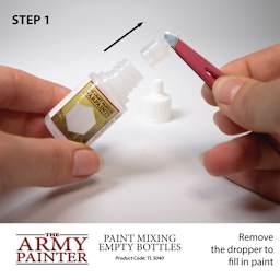 The Army Painter Empty Mixing Bottle, refiling. Step 1. Remove the dropper to fill in paint. Product code TL5040