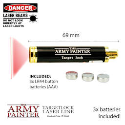 Targetlock Laser Line. Danger. Laser Beams. Do Not Look Directly At Laser Lights. 69 mm. Included: 3x LR44 button batteries (AAA). 3x batteries included. TL5046