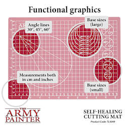 The Army Painter Self-Healing Cutting Mat.Functional graphics. Angle lines at 30, 45, and 60 degrees. Large base size marks at 40mm, 50mm, 60mm, 70mm,and 80mm. Small base sizes at 20mm, 25mm, 28mm, 30mm, and 32mm. Measurements both in cm and inches. TL5049