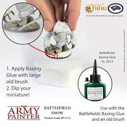 1. Apply basing glue with large old brush. 2. Dip your miniature. Use the Battlefields Basing glue and an old brush. Battlefields basing glue GL2013. Miniature by Gale Force Nine. Miniature not included.