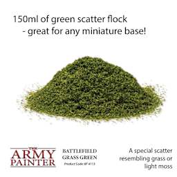 150 ml of green scatter flock - great for any miniature base! A special scatter resembling grass or light moss. Battlefield Grass Green Code BF4113