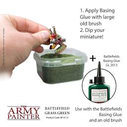 Battlefield Grass Green. 1. Apply basing glue with large old brush. 2. Dip your miniature! Battlefields basing glue GL2013. Use with the Battlefields Basing Glue and an old brush.