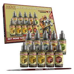 The Army Painter Acrylic Speedpaints - Set of 10, Metallics 2.0 packaging with included colors and basecoating brush.